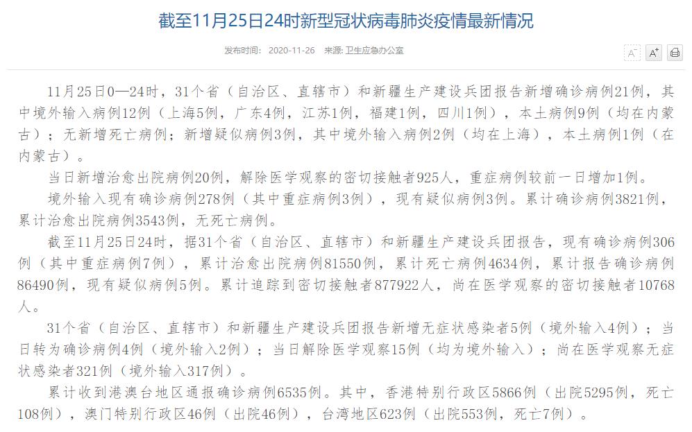 國家衛健委：11月25日新增確診病例21例其中內蒙古本土病例9例