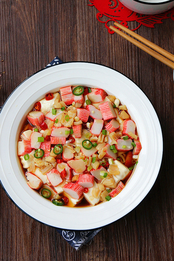 蟹肉棒蒸豆腐的做法-咸鮮味蒸菜譜