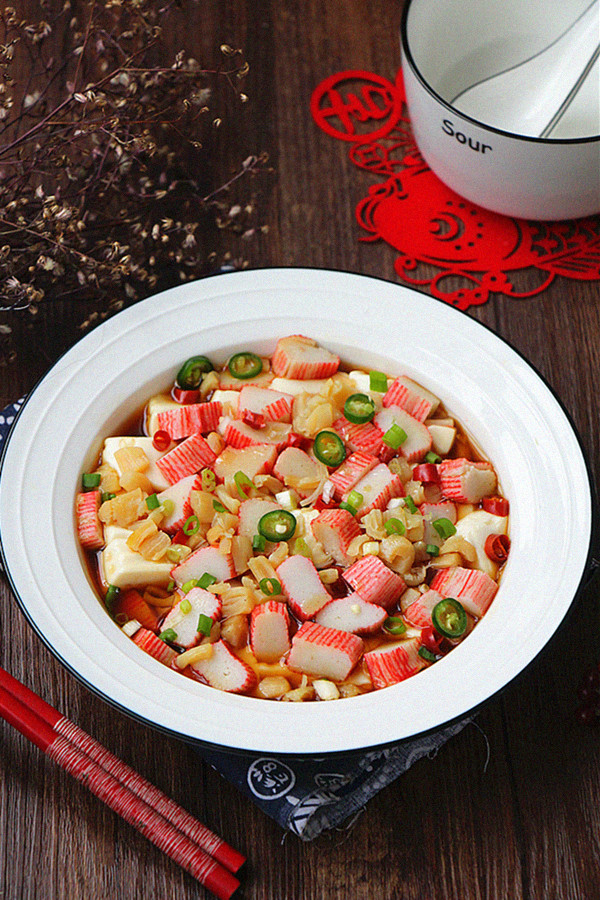 蟹肉棒蒸豆腐的做法-咸鮮味蒸菜譜