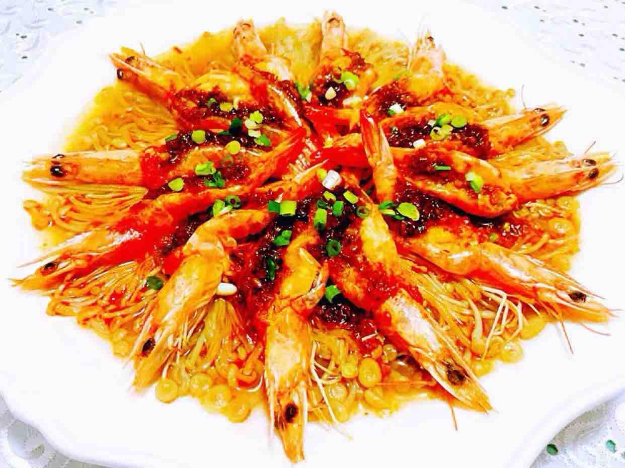 蒜蓉海蝦蒸金針菇的做法-家常味蒸菜譜