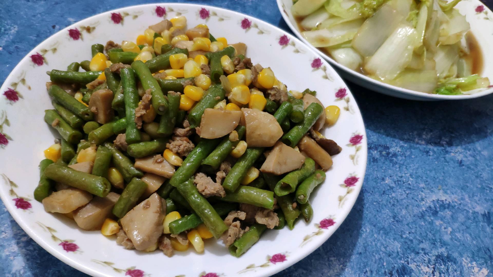 豆角玉米雞腿菇炒肉沫的做法-家常味炒菜譜